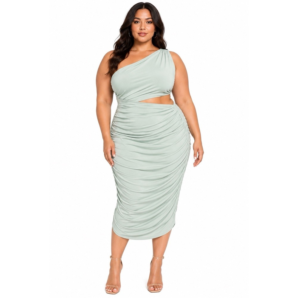 ELOQUII One Shoulder Ruched Cut Out Column Cocktail Green Dress Size 20 NWT